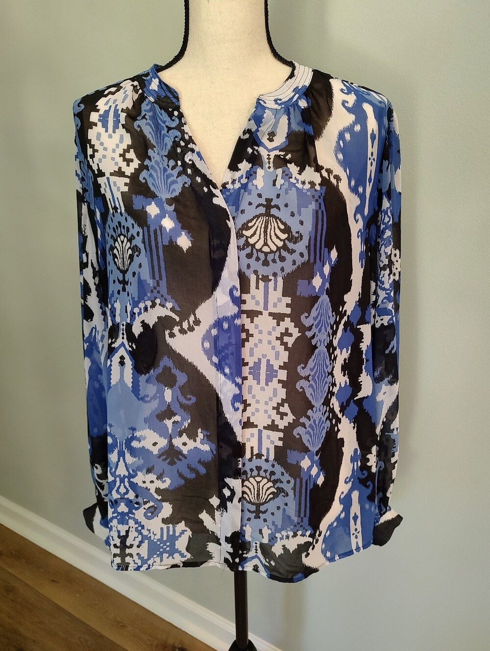 Chico's Ikat Semi-Sheer Boho Puff Sleeve Top Blue Black Peasant Size 16
